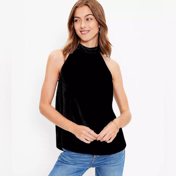 Loft Womens Black Velvet Halter Top Size XS Preppy Formal Classic High Neck - Picture 1 of 8